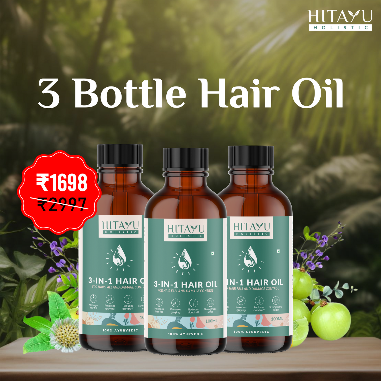 3‑in‑1 Ayurvedic Hair Oil | Chemical-Free | With 30+ Ayurvedic Herbs